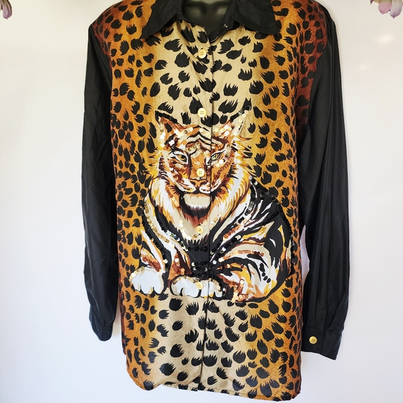 Diane Gilman Black and Brown Leopard Button Down Shirt - Picture 3 of 14